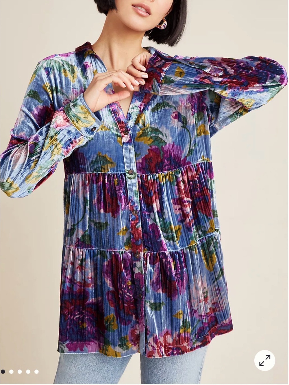 Anthropologie Maeve Reverie Tunic Velvet Floral Button Up Tiered Blue pit-pit22